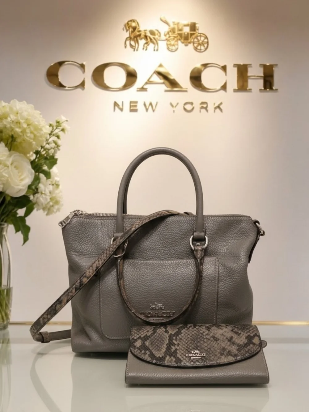Coach Granite Grey Pebbled Leather Emma Satchel Bag & Matching Wallet Set